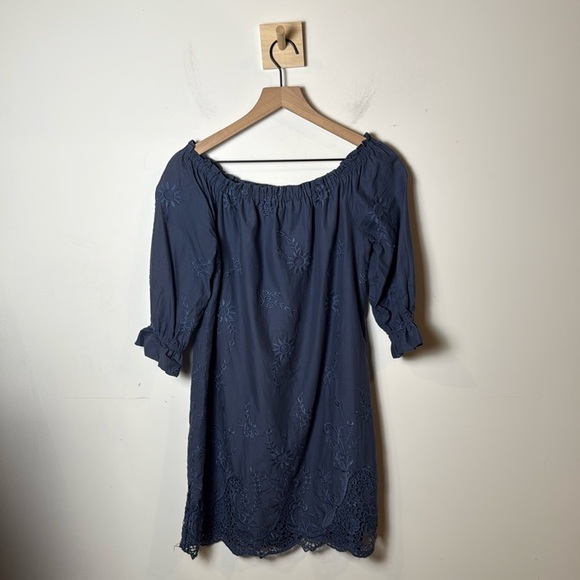 Abercrombie & Fitch Blue 100% Cotton Hippie Boho Style Off the Shoulder Dress S - Picture 1 of 11